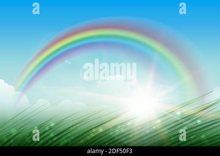 Landscape with rainbow in blue sky green grass and sunburst. Vector illustration. Stock Vector