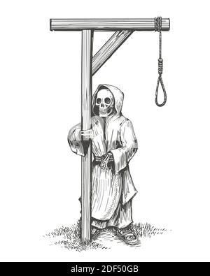 Skeleton in a hood Standing Close to the Gallows drawn in sketch style. Vector illustration. Stock Vector
