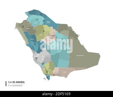 Saudi Arabia higt detailed map with subdivisions. Administrative map of Saudi Arabia with districts and cities name, colored by states and administrat Stock Vector