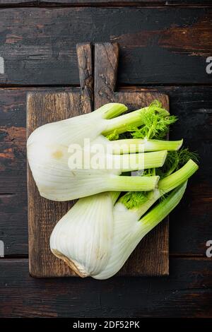 Fresh organic fennels, on old wooden table, flat lay with space for ...