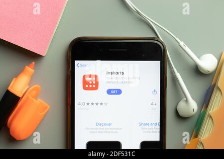 New York, USA - 1 December 2020: Inshorts mobile app icon on phone screen top view, Illustrative Editorial. Stock Photo
