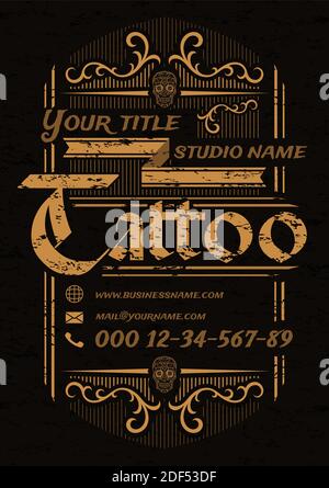 Tattoo studio vintage poster template with skulls and ornaments on black background. Vector illustration. Stock Vector