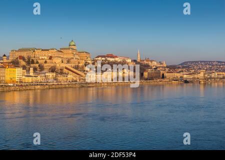 View of Budapest Castle reflecting in the Danube River during early morning, Budapest, Hungary, Europe Stock Photo