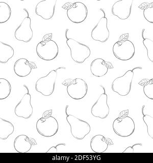 Vector line apple and pear seamless pattern. Black and white background fruits Stock Vector