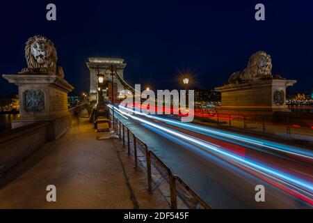 Trail lights on Chain Bridge at night, Budapest, Hungary, Europe