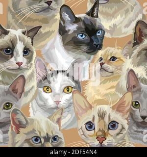 Vector semless pattern with realistic cats breeds portraits. Colorful background with cats heads for creating textiles, wallpaper, paper, wedding invi Stock Vector