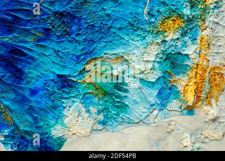 Abstract oil paint background. Golden and aquamarine color on white. Luxury natural ocean and glitter gold creative fine art. Artistic dye texture int Stock Photo