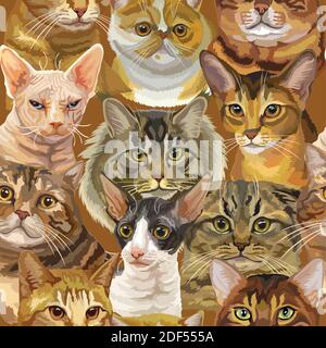 Vector semless pattern with realistic cats breeds portraits. Colorful background for creating textiles, wallpaper, paper, wedding invitation, design, Stock Vector