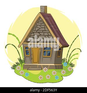 Stone garden house. Fabulous cartoon object. Cute childish style. Ancient dwelling. Tiny, small. Against the background of a landscape with flowers Stock Vector