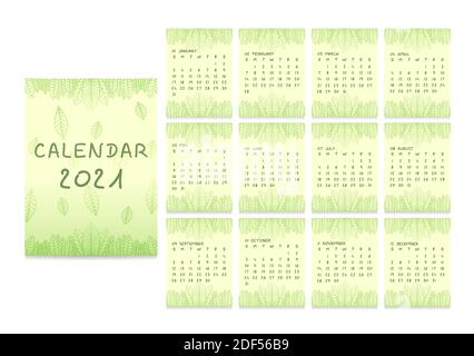 2021 year annual calendar template with abstract seasonal flowers in a minimalist style. Wall monthly calendar set of 12 months 2021 pages ready for p Stock Vector
