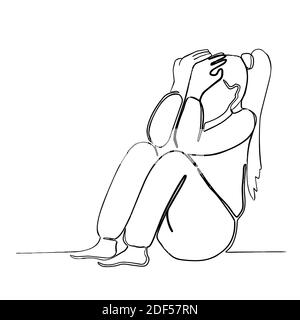 Sketch of a sad lonely young girl sitting on the floor and hugging her ...