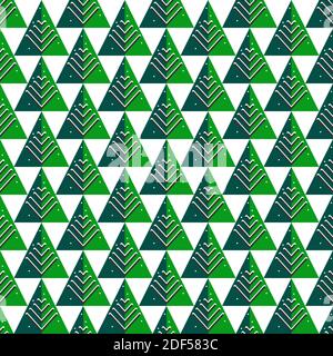 Christmas, winter holidays concept geometrical seamless pattern. Stylized new year green trees with snow, triangle shaped. White background is easy to Stock Vector