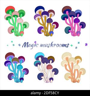 Set with colored mushrooms, beautiful single multi-colored mushrooms on a white background, isolated. Stock Vector