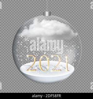 Happy New Year 2021. Gold metal number in a glass bauble with snow and cloud, Christmas decorations. Celebrating Party 2021. Christmas poster, banner, Stock Vector