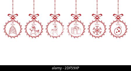 Set of hanging Christmas baubles on white background.Banner, border,frame with balls with Santa, snowman,gift box,fir, snowflake and copy space.Vector Stock Vector