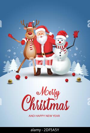Merry Christmas and happy new year. Santa Claus with his friends, snowman and reindeer. Vector Illustration design Stock Vector