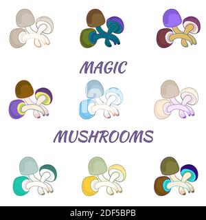 Set with colored mushrooms. Beautiful single multi-colored mushrooms on a white background, isolated. For print and web pages Stock Vector