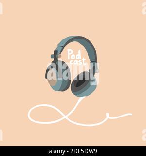 Studio headphones for podcast broadcasts. For voice recording. Vector illustration in hand drawing style. EPS 10 Stock Vector