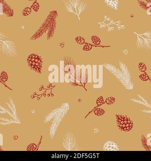 Seamless pattern with hand drawn cones, xmas tree. Christmas vector illustration. Stock Vector