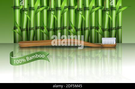 realistic bamboo toothbrush on a bamboo plant background. Zero waste lifestyle concept. Stock Vector