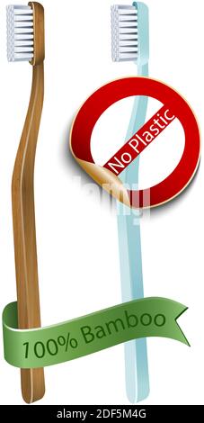 bamboo toothbrush and no plastic toothbrush. Zero waste recycle safe concept. Eco and healthy lifestyle. Stock Vector