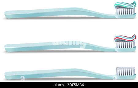realistic collection of tooth brushes with or without tooth paste applied on top of it in different colors, nylon bristles and plastic handles. Vector Stock Vector