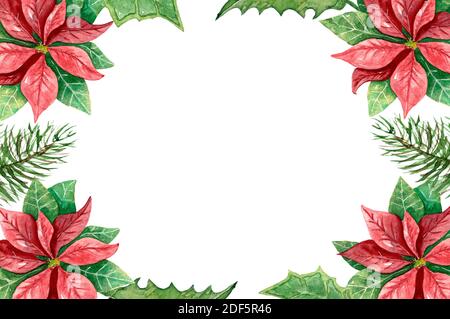 Watercolor Christmas Holly poinsettia frame s on white background. Hand drawn set Stock Photo