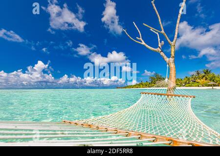 Luxury beach. Luxury travel background. Summer vacation or holiday concept on tropical beach, white sand and an amazing swing or hammock over blue sea Stock Photo