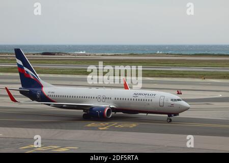 Nice, France - Apr 21, 2019: Aeroflot airline plane on runway Stock Photo