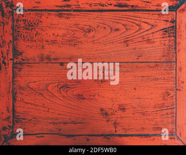 full-frame rustic red wooden table background, directly above view of old wooden desk Stock Photo