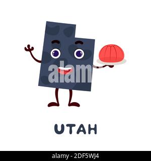 Cute cartoon Utah state character clipart. Illustrated map of state of Utah of USA with state name. Funny character design for kids game, sticker, car Stock Vector
