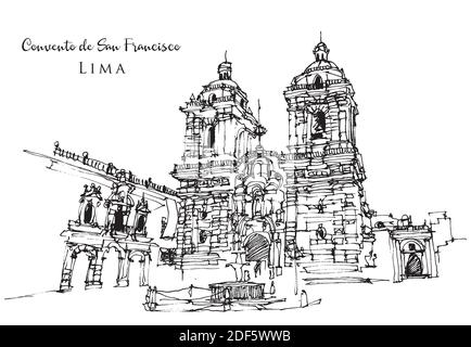 Vector hand drawn sketch illustration of Convento de San Francisco in Lima, Peru Stock Vector