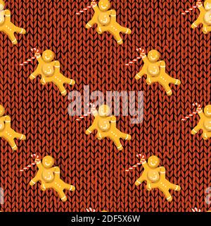 Hand drawn Christmas vector seamless pattern with red knitted texture, candy can and gingerbread men Stock Vector