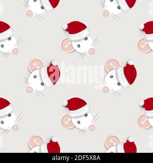 Hand drawn seamless pattern of a mouse / rat crafted with realistic sewing buttons and santa's hat Stock Vector