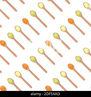 Green, yellow and orange baby purees in wooden isolated spoons. Vector, hand drawn seamless pattern Stock Vector