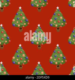 Hand drawn vector cartoon christmas tree in a pot, seamless red christmas pattern Stock Vector