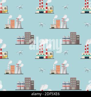 Vector seamless pattern of drones inspecting industrial power plants. Smart technologies Stock Vector