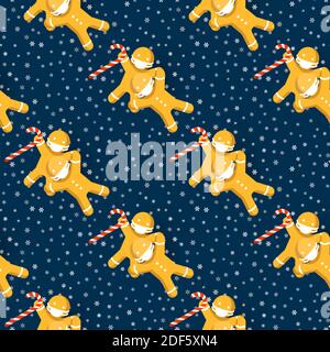 Hand drawn Christmas dark blue vector seamless pattern with  hand drawn snowflakes, candy canes and gingerbread men wearing masks Stock Vector