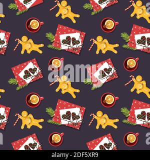 Hand drawn Christmas vector seamless pattern with Christmas presents, citrus tea, candy canes and gingerbread men Stock Vector