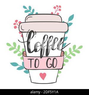 Cute paper coffee cup with text Coffee to go Stock Vector