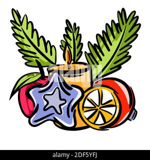 Vector christmas illustration composition with candle orange color, fir branches, apple, ball, lemon Stock Photo