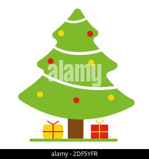 Christmas vector illustration of christmas tree with red and yellow presents. Christmas icon tree in flat design Stock Photo