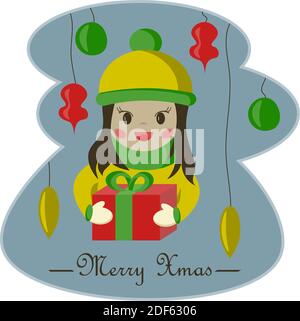 Cute little girl in winter clothes holds red Christmas gift box Stock Vector
