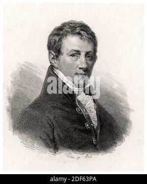 Sir Humphry Davy, 1st Baronet (1778-1829), Cornish chemist and inventor, portrait print by Joller or Toller, 1834 Stock Photo