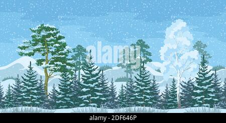 Seamless Horizontal Christmas Winter Forest Landscape with Pine, Birch, Firs Trees and Sky with Snow and Clouds. Vector Stock Vector