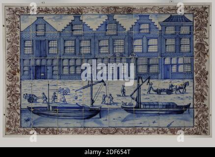 tile panel, Anonymous, second half 18th century, tin glaze, earthenware, With frame: 68.8 x 107 x 3.2cm (688 x 1070 x 32mm), river, city coat of arms, cityscape, barge, Leiden, Rotterdam, Tile panel of forty (five at eight) earthenware tiles covered with tin glaze and painted in blue and purple. The tiles depict the Amsterdam Move in Leiden on the Oude Rijn. In the foreground are two boats in front of a quay wall. On the quay behind it are several people with levers and wagons (one with a horse). In the background are five facades in a row, most have sliding windows with an 18th century rod Stock Photo