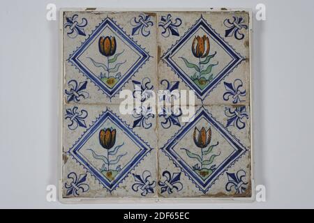 tile field, Anonymous, second quarter of the 17th century, tin glaze, earthenware, With frame: 27.5 x 27.5 x 2.5cm (275 x 275 x 25mm), tulip, Tile field of four tiles (two by two) made of earthenware tin glaze. Multicolor painted in blue, green, yellow and orange. The tiles show a serrated square and tulip inside. The tulip, which comes from a bulb, is on a ground. The tiles have a lily as a corner motif, 1995 Stock Photo