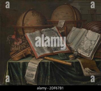 Vanitas still life, painting, Edwaert Collier, second half of the 17th century, Signature front: lower right, on music book: E. Kollier, canvas, oil paint, painted, Carrier: 50.9 × 61.4 × 2.4cm (509 × 614 × 24mm), With Frame: 67.5 × 77.5 × 8.7cm (675 × 775 × 87mm), flute, violin, hourglass, book, globe, vanitas, Vanitas covered with a green cloth table with a celestial globe on the left and a globe on the right. There are two open books in front of this: on the left Flavi Josephi, the astonished Joetsche histori writers live ... Antwerp 1501 and on the right De Weke der Creatiehe by Willem de Stock Photo