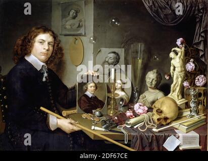 Vanitas still life with a self-portrait of the young painter, painting, David Bailly, 1651, Signature front, bottom right, on paper: David. Bailij. pinxit. / Ao 1651, panel, oil paint, painted, Carrier: 89.5 x 122 x 0.8cm (895 x 1220 x 8mm), With frame: 118 × 150 × 5.5cm (1180 × 1500 × 55mm) , flute, self-portrait, self-portrait, book, skull, woman's portrait, man's portrait, candlestick, rose, vanitas, interior, coin (medium of exchange), Chalk drawing depicting a man's portrait. The man looks to the left and holds his head in his hand. He is wearing a striped bosom. Not signed Stock Photo