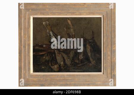 painting, Floris Verster, 1917, Signature front, bottom left: Floris Verster '17, canvas, oil paint, painted, Carrier: 34 × 41.5 × 2cm 340 × 415 × 20mm, With frame: 49.5 × 57.5 × 4, 5cm 495 × 575 × 45mm, still life, Still life with dahlia tubers. For a gray-brown background, a number of dahlia tubers with some stems protruding diagonally to the left lie on a dark green table top. Signed bottom left. The painting is in a gold-colored wooden frame with a white-painted inner edge, 1947 Stock Photo